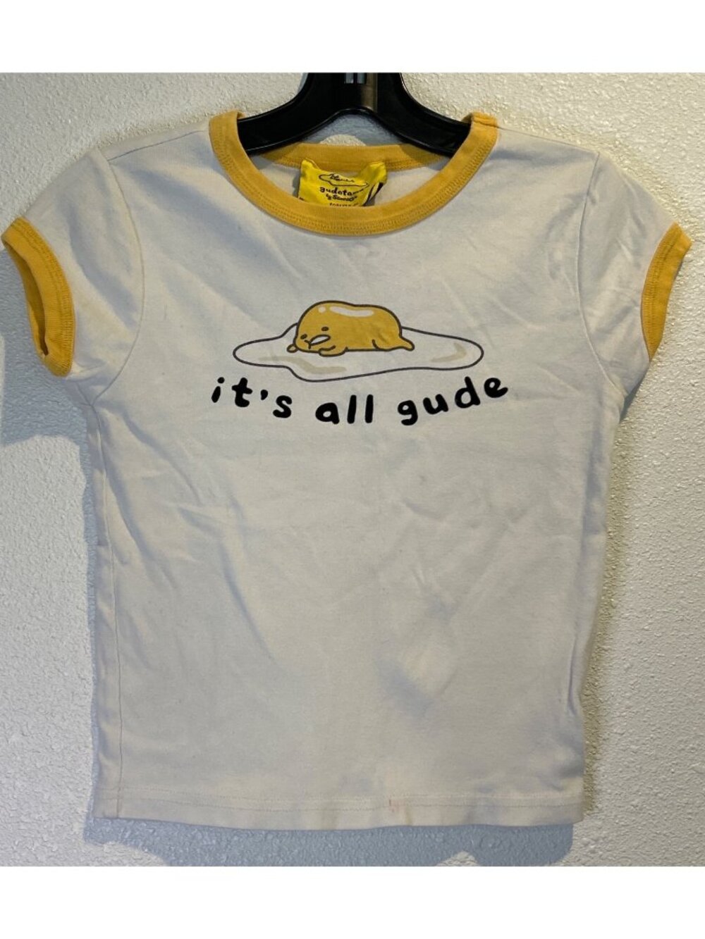 Forever 21 Sanrio Gudetama "It's All Gude" Yellow Ringer T-Shirt Women's SMALL